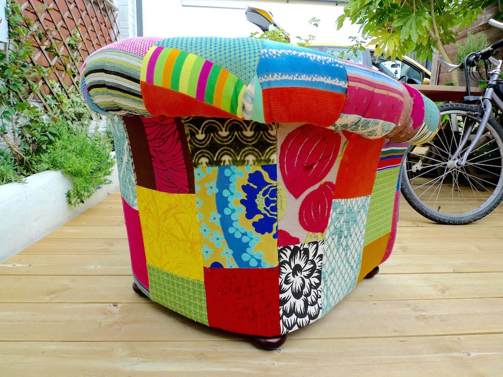 upcycled patchwork armchair remade reupholstered deep button
