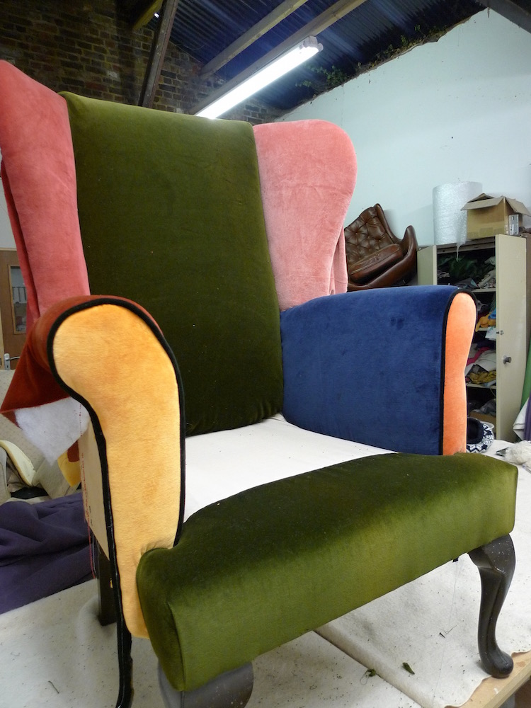reupholstered velvet wingback chair