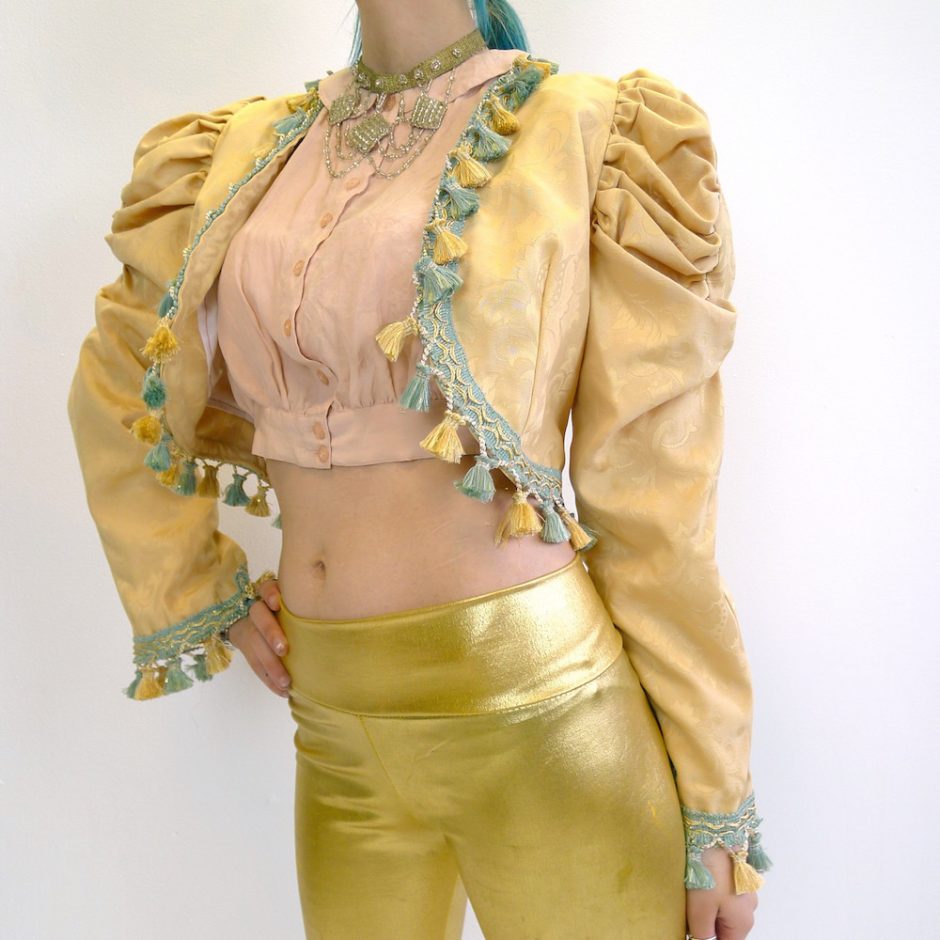 Cream Gold Teal Upcycled Mutton Sleeve Statement Tassel Jacket