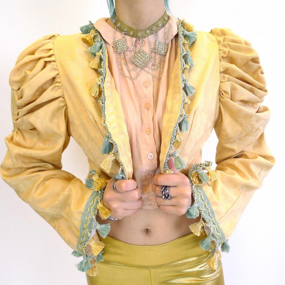 Cream Gold Teal Upcycled Mutton Sleeve Statement Tassel Jacket