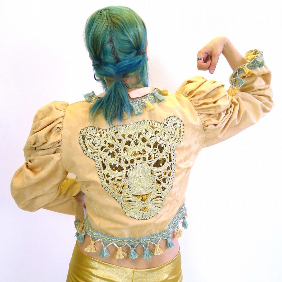 Cream Gold Teal Upcycled Mutton Sleeve Statement Tassel Jacket Sequin Leopard