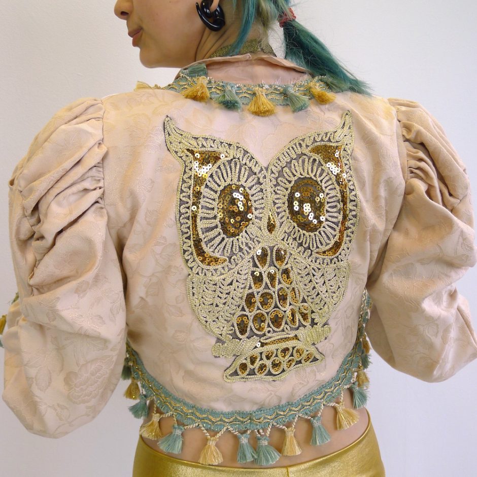 Cream Gold Teal Upcycled Mutton Sleeve Statement Tassel Jacket Sequin Owl