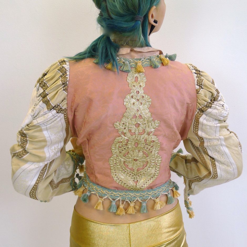 Cream Gold Teal Pink Upcycled Mutton Sleeve Statement Tassel Jacket Gold Embroidery